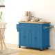 Kitchen Island with Storage, Rolling Trolley Cart with Rubber Wood Top, Spice Rack, Towel Rack, Blue