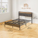 Full Size Bed Frame with Charging Station, Full Bed Frame with Upholstered Headboard and Storage Shelf, Walnut