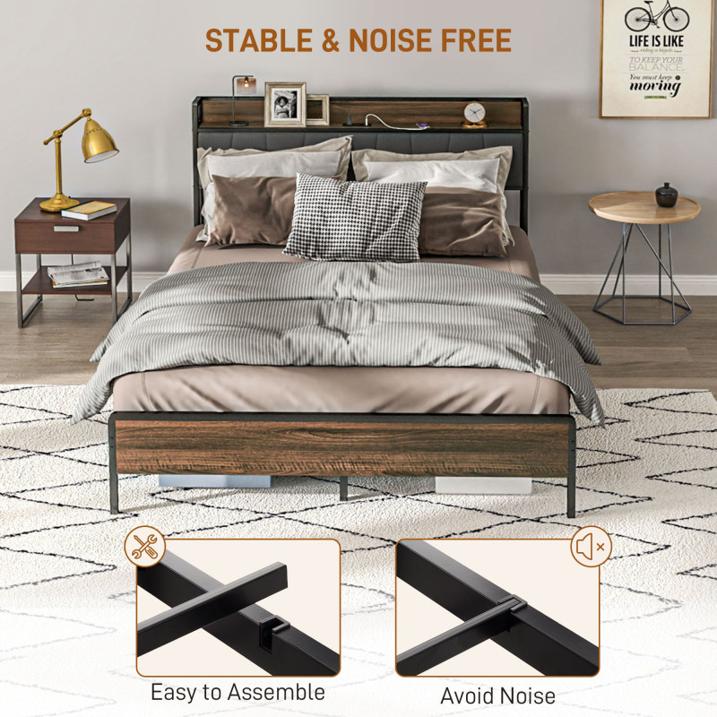 Full Size Bed Frame with Charging Station, Full Bed Frame with Upholstered Headboard and Storage Shelf, Walnut