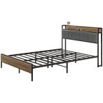 Queen Size Bed Frame with Charging Station, Queen Bed Frame with Upholstered Headboard and Storage Shelf, Walnut