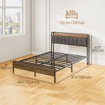 Queen Size Bed Frame with Charging Station, Queen Bed Frame with Upholstered Headboard and Storage Shelf, Walnut
