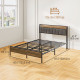Queen Size Bed Frame with Charging Station, Queen Bed Frame with Upholstered Headboard and Storage Shelf, Walnut