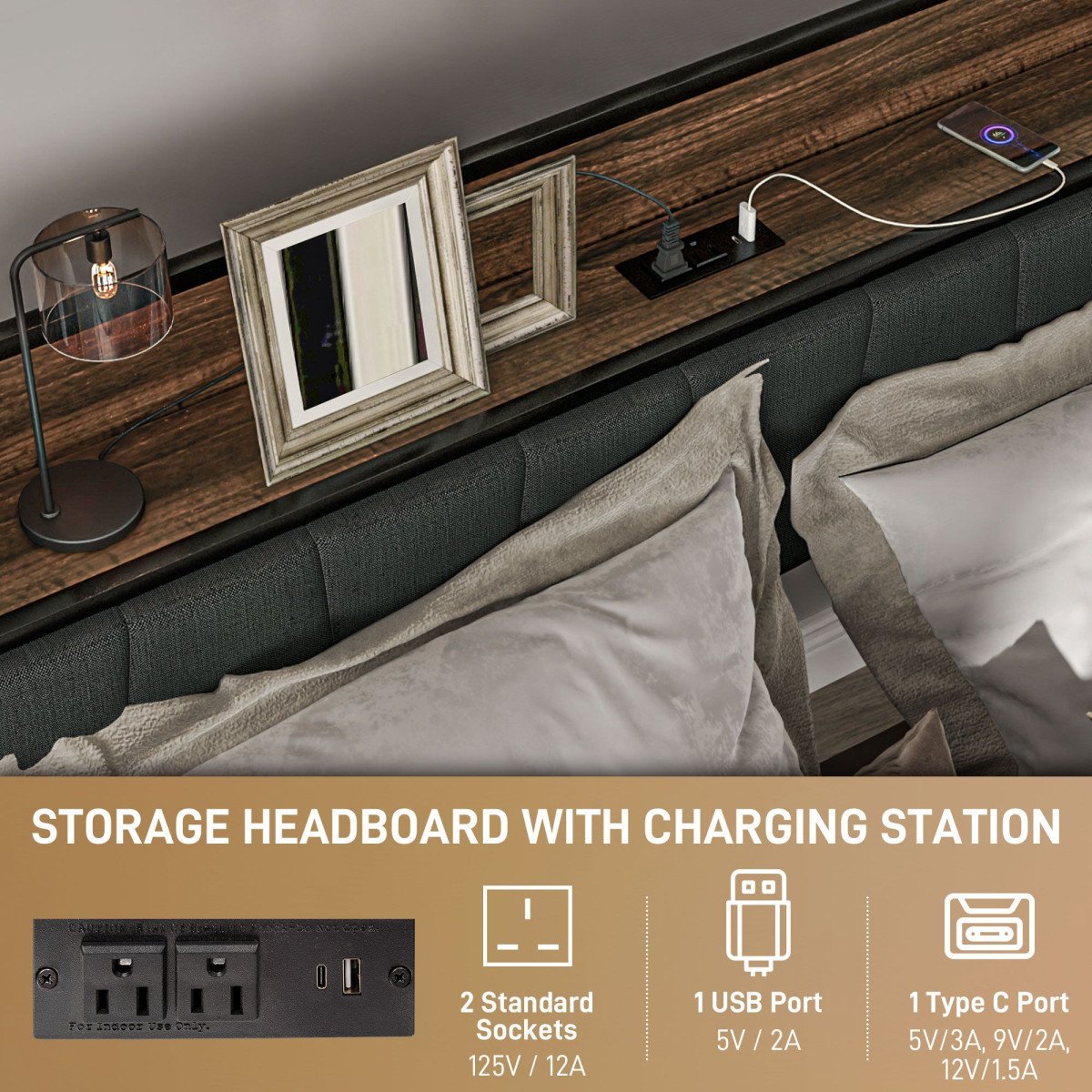Queen Size Bed Frame with Charging Station, Queen Bed Frame with Upholstered Headboard and Storage Shelf, Walnut