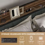Queen Size Bed Frame with Charging Station, Queen Bed Frame with Upholstered Headboard and Storage Shelf, Walnut