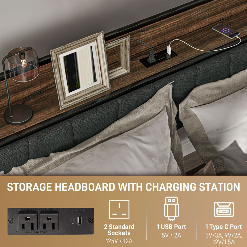 Queen Size Bed Frame with Charging Station, Queen Bed Frame with Upholstered Headboard and Storage Shelf, Walnut
