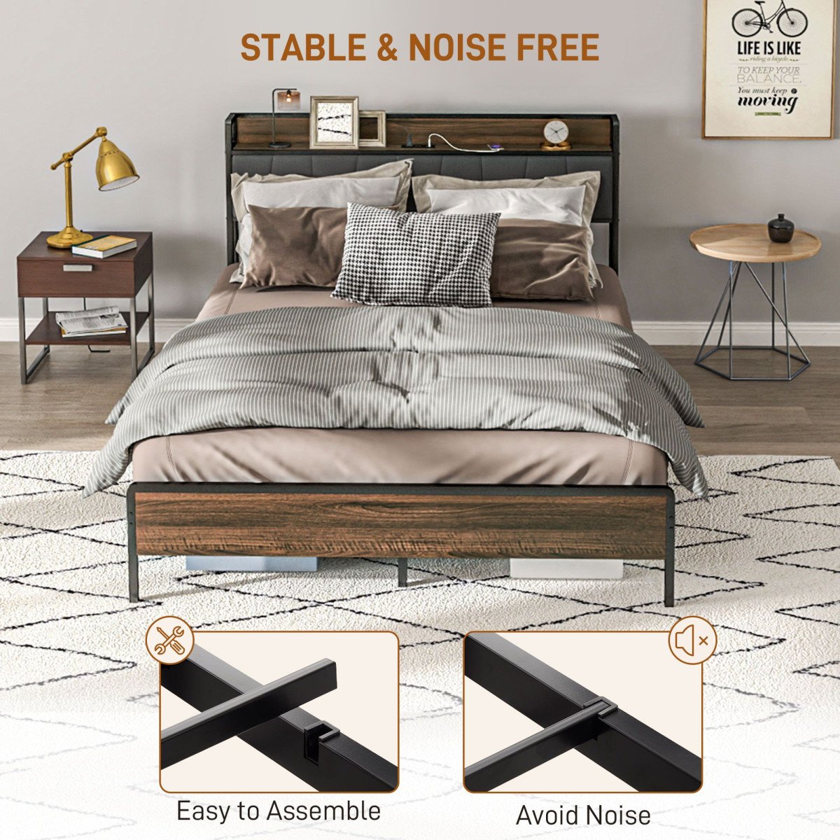 Queen Size Bed Frame with Charging Station, Queen Bed Frame with Upholstered Headboard and Storage Shelf, Walnut