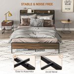 Queen Size Bed Frame with Charging Station, Queen Bed Frame with Upholstered Headboard and Storage Shelf, Walnut