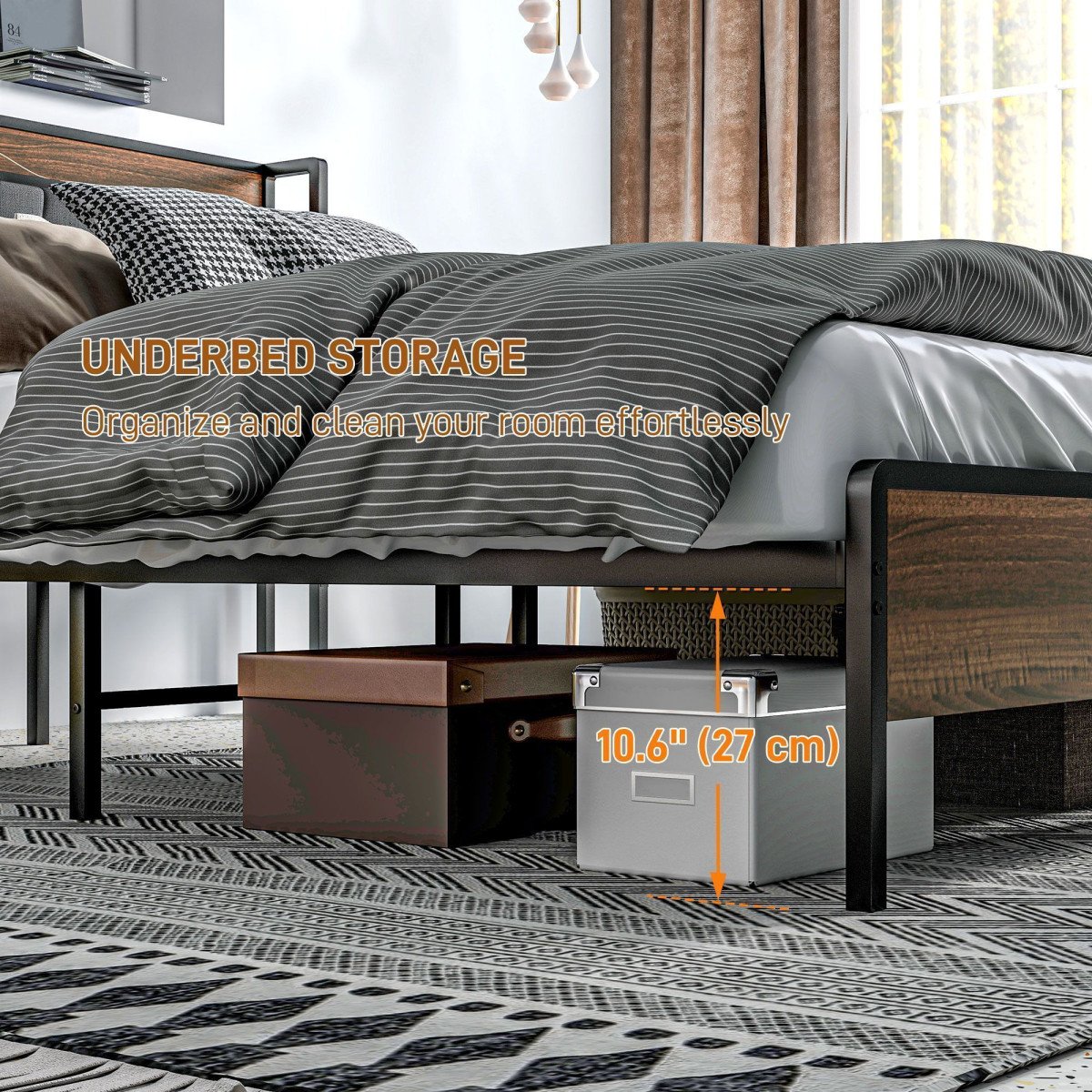 Queen Size Bed Frame with Charging Station, Queen Bed Frame with Upholstered Headboard and Storage Shelf, Walnut