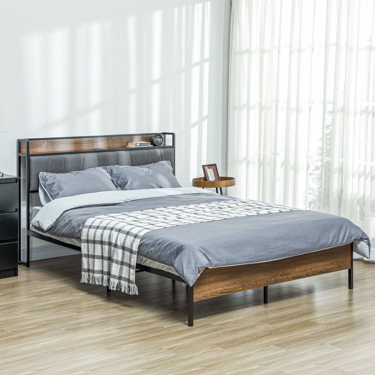 Queen Size Bed Frame with Charging Station, Queen Bed Frame with Upholstered Headboard and Storage Shelf, Walnut