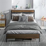 Queen Size Bed Frame with Charging Station, Queen Bed Frame with Upholstered Headboard and Storage Shelf, Walnut
