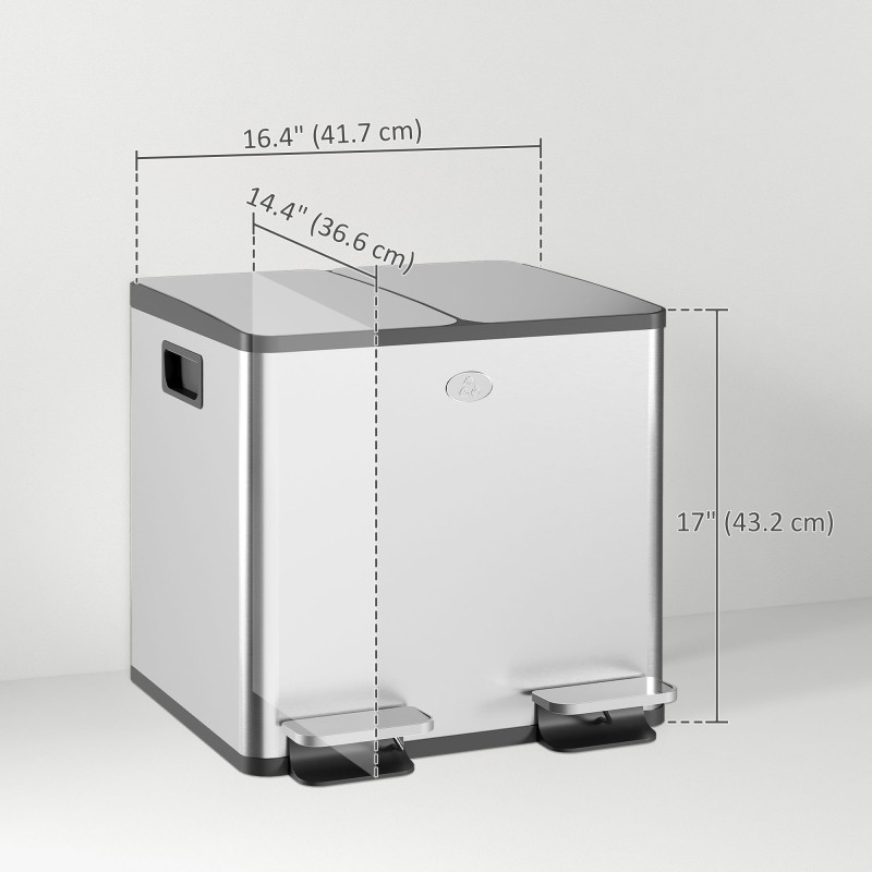 Dual Garbage Bin, Soft-Close Trash Can with Foot Pedal, 2 x 15 Liter Garbage Can with Removable Inner Buckets, Silver