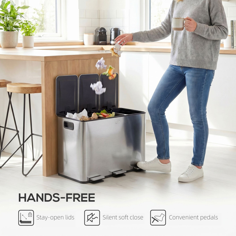Triple Garbage Bin, Soft-Close Trash Can with Foot Pedal, 3 x 20 Liter Garbage Can with Removable Inner Buckets, Silver