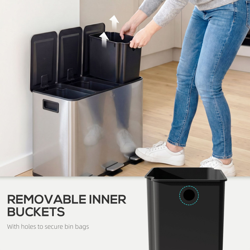 Triple Garbage Bin, Soft-Close Trash Can with Foot Pedal, 3 x 20 Liter Garbage Can with Removable Inner Buckets, Silver