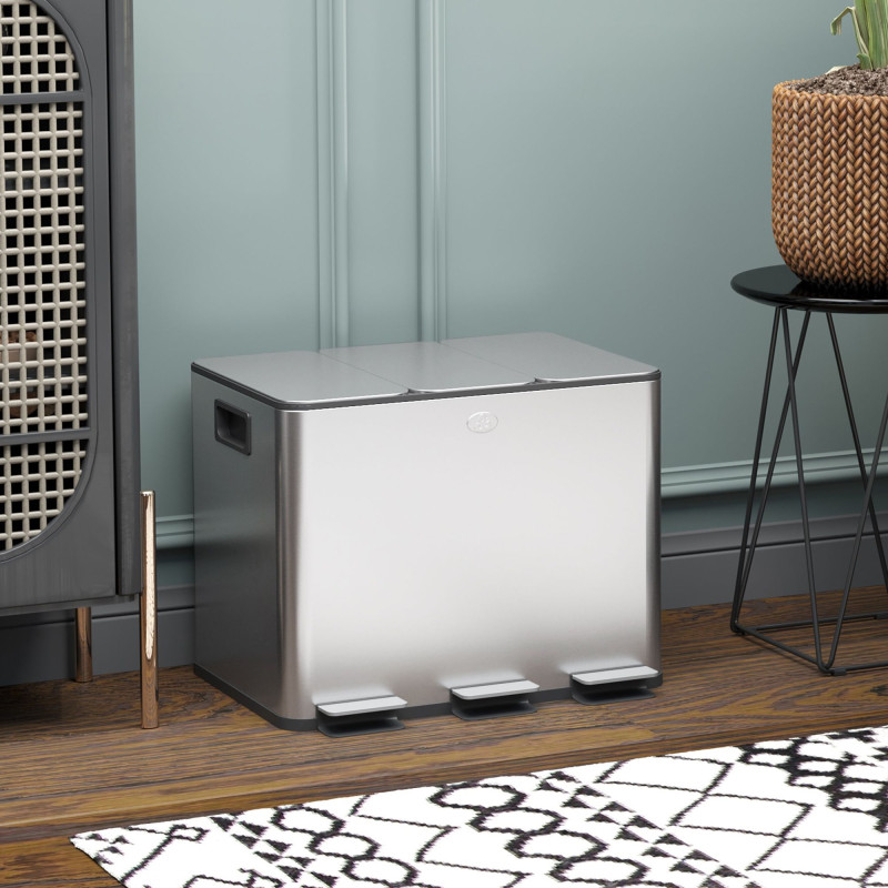 Triple Garbage Bin, Soft-Close Trash Can with Foot Pedal, 3 x 20 Liter Garbage Can with Removable Inner Buckets, Silver