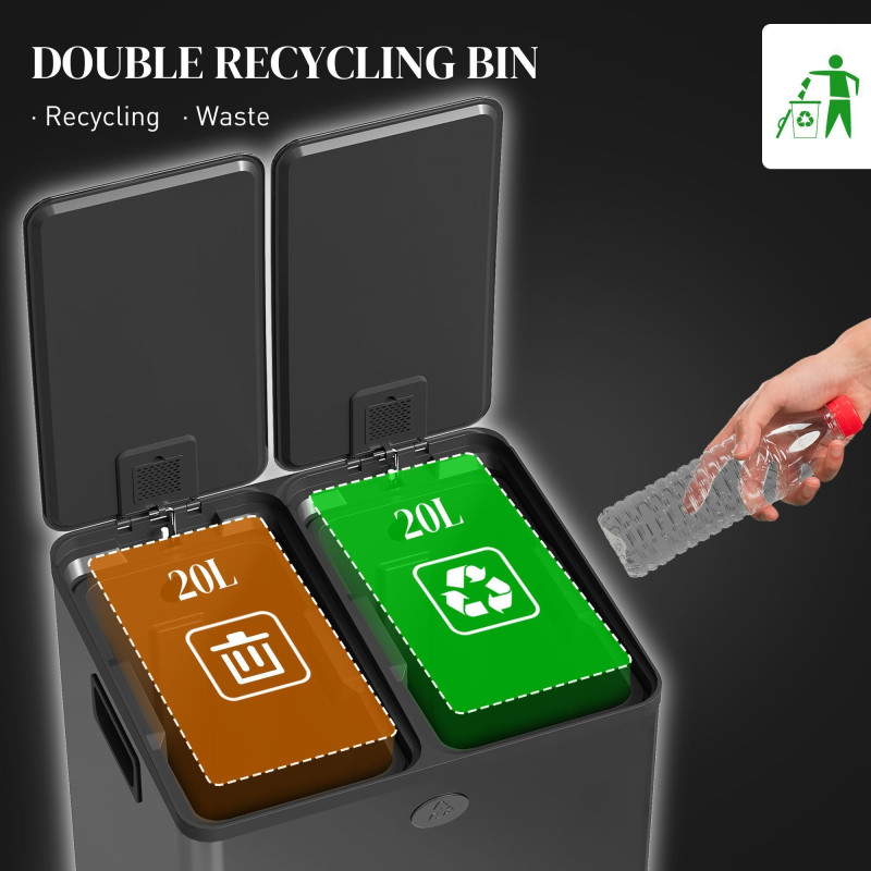 Dual Garbage Bin, Soft-Close Trash Can with Foot Pedal, 2 x 20 Liter Garbage Can with Removable Inner Buckets, Black