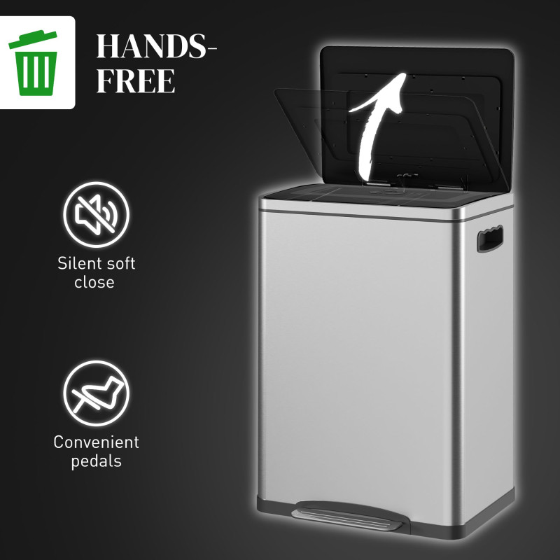 2 x 20 Liter Garbage Bin, Stainless Steel Garbage Can with Soft-Close Lid and Removable Inner Buckets, Silver