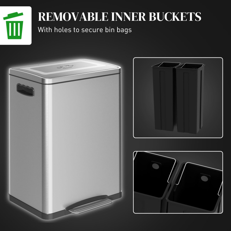 2 x 20 Liter Garbage Bin, Stainless Steel Garbage Can with Soft-Close Lid and Removable Inner Buckets, Silver