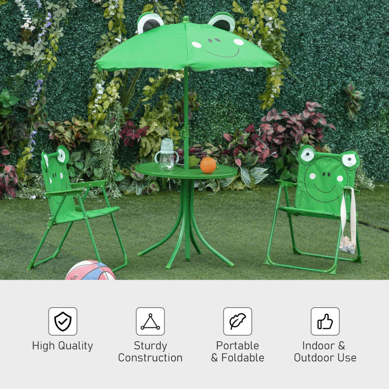 Kids Folding Picnic Table and Chair Set Pattern Outdoor Garden Patio Backyard with Removable & Height Adjustable Sun Umbrella Green