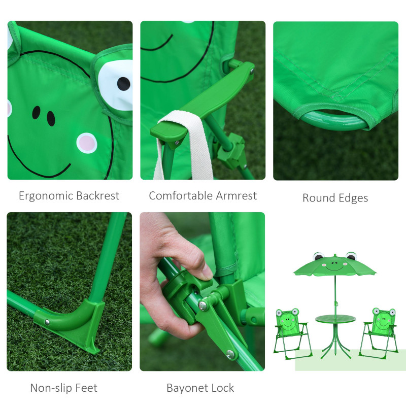 Kids Folding Picnic Table and Chair Set Pattern Outdoor Garden Patio Backyard with Removable & Height Adjustable Sun Umbrella Green