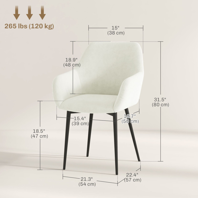 Dining Chairs Set of 2, Velvet-look Fabric Upholstered Kitchen Chairs with Backrest, Armrests and Steel Legs, Cream White