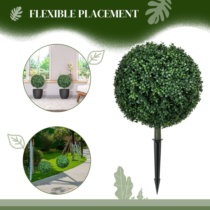 Artificial Boxwood Trees w/ Ground Stake, Set of 2 Ball Shaped Topiary Trees for Home Office & Living Room, UV Resistant