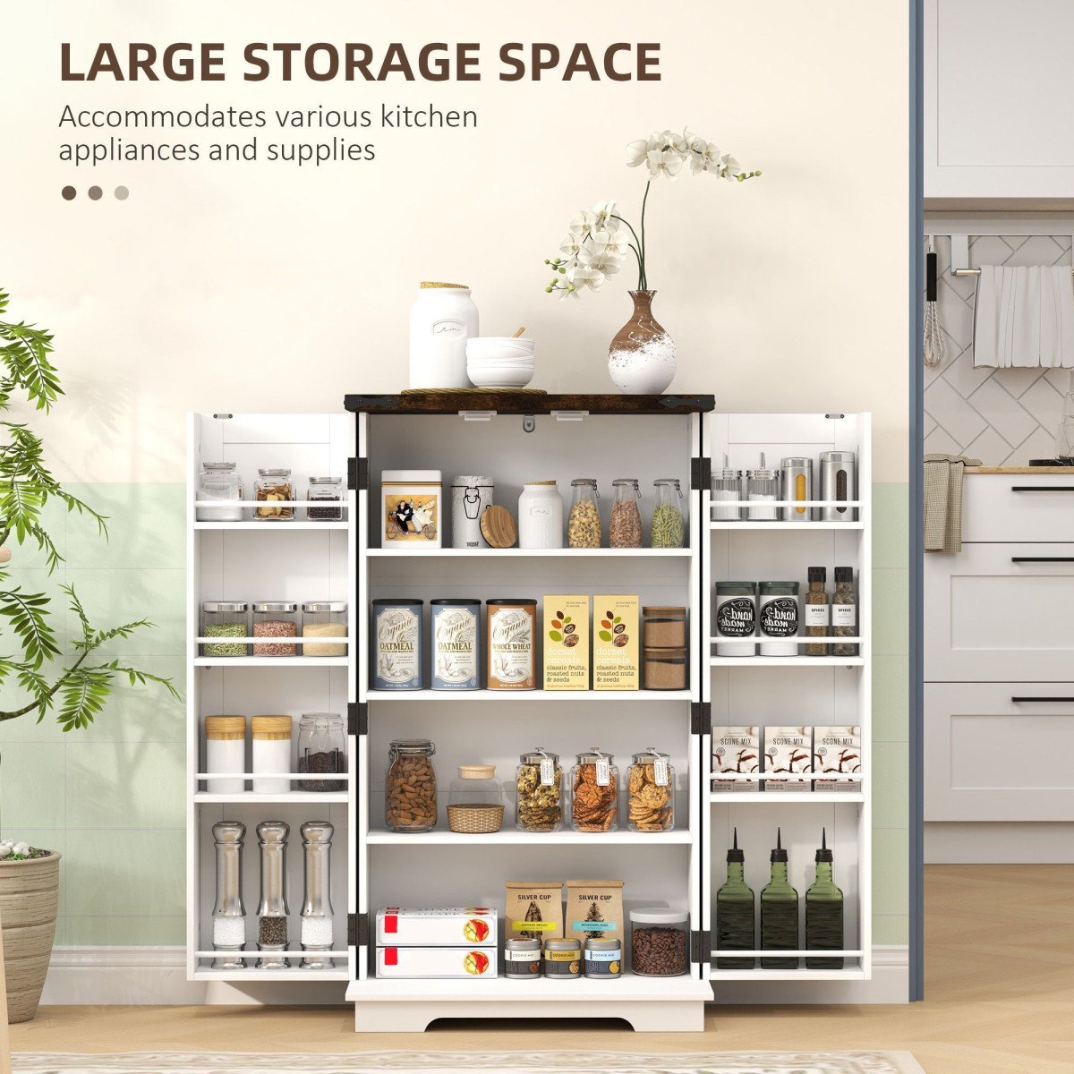 Kitchen Pantry Cabinet with 4-tier Shelving, 6 Spice Racks, Farmhouse Storage Cabinet with Adjustable Shelves, Easy Cleaning, White