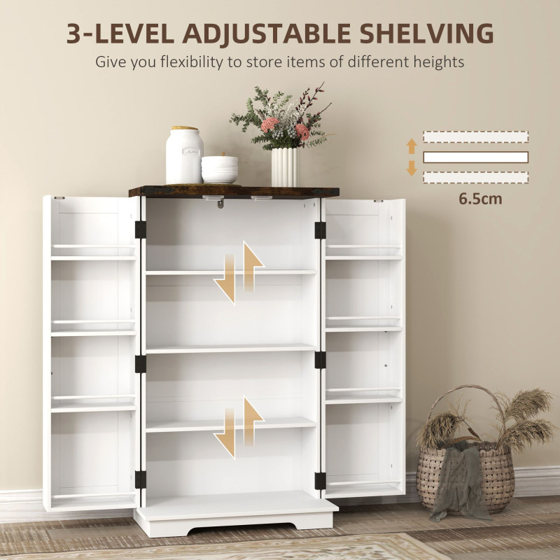 Kitchen Pantry Cabinet with 4-tier Shelving, 6 Spice Racks, Farmhouse Storage Cabinet with Adjustable Shelves, Easy Cleaning, White