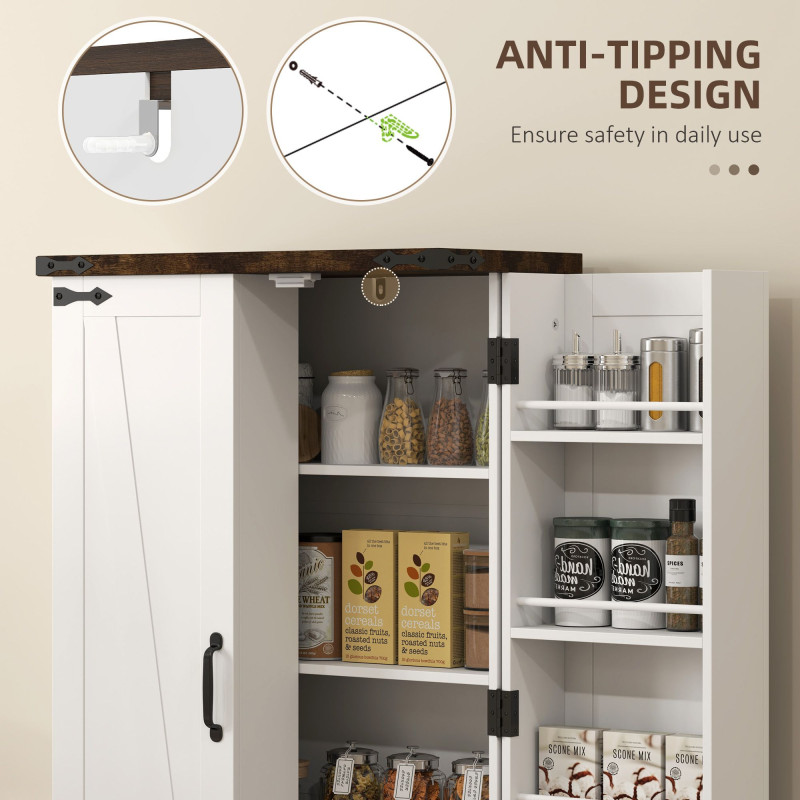 Kitchen Pantry Cabinet with 4-tier Shelving, 6 Spice Racks, Farmhouse Storage Cabinet with Adjustable Shelves, Easy Cleaning, White