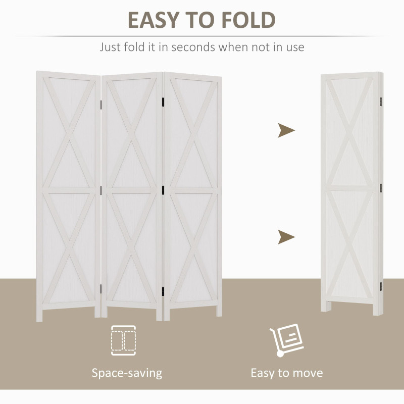 3-panel Wall Partition Farmhouse Room Separator with Foldable Design Wooden Frame 5.6FT, White