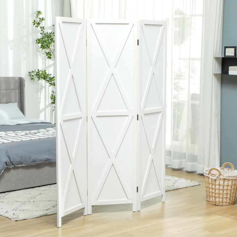 3-panel Wall Partition Farmhouse Room Separator with Foldable Design Wooden Frame 5.6FT, White