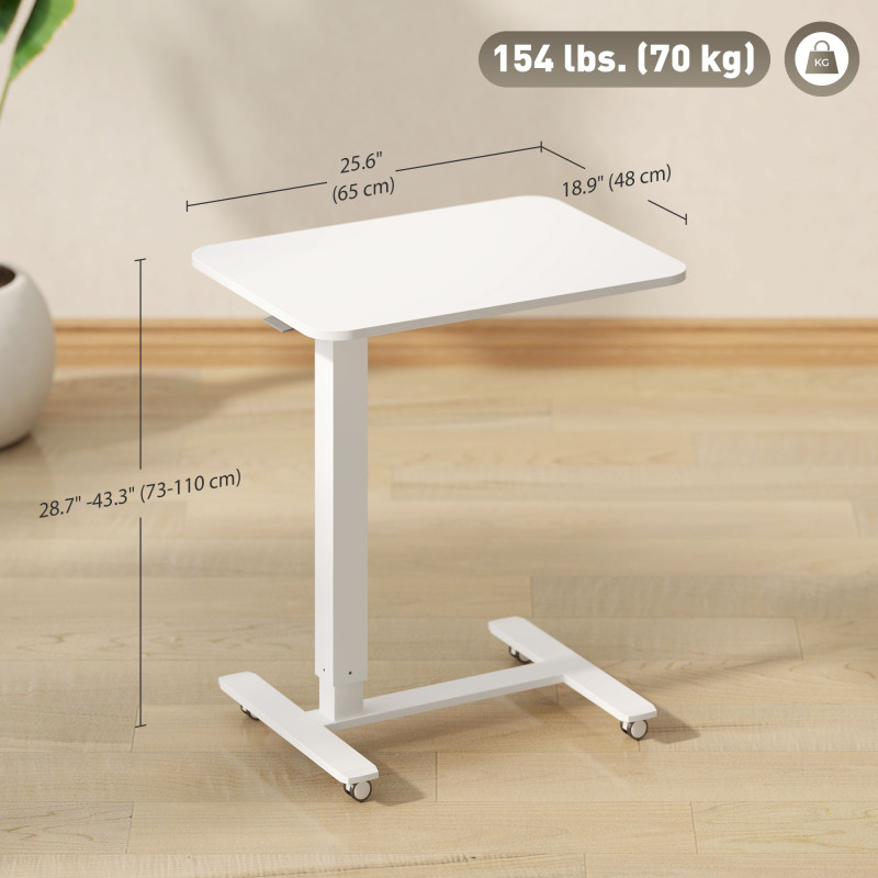 Pneumatic Standing Desk Adjustable Height, Mobile Stand Up Desk with Wheels, 43 Inch Portable Rolling Table, White