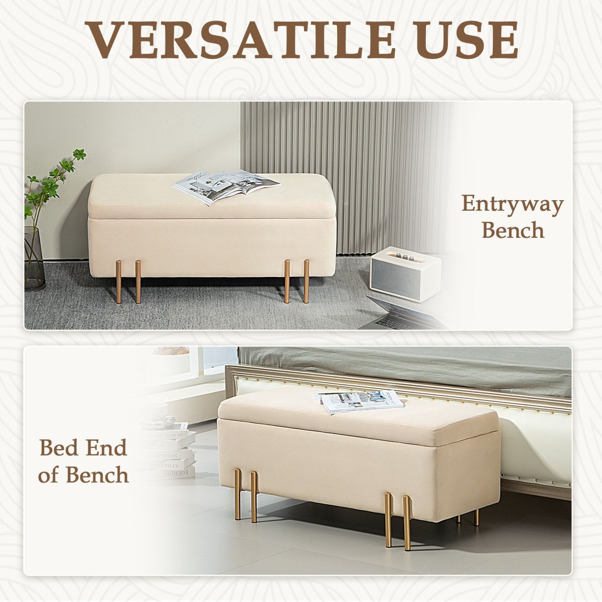 Storage Ottoman Bench, Flip-Top Bedroom Bench, 18.5 Gallons, Modern Velvet Storage Chest with Metal Legs, Beige