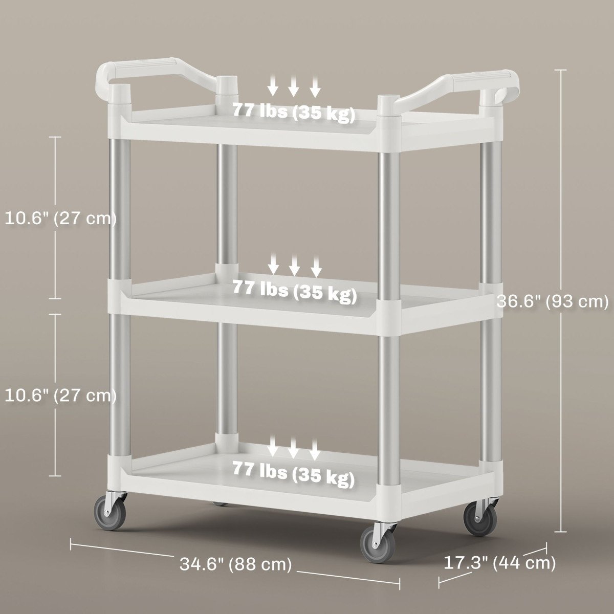 3-Tier Utility Cart Rolling Storage Trolley with 3 Shelves, Silver and White