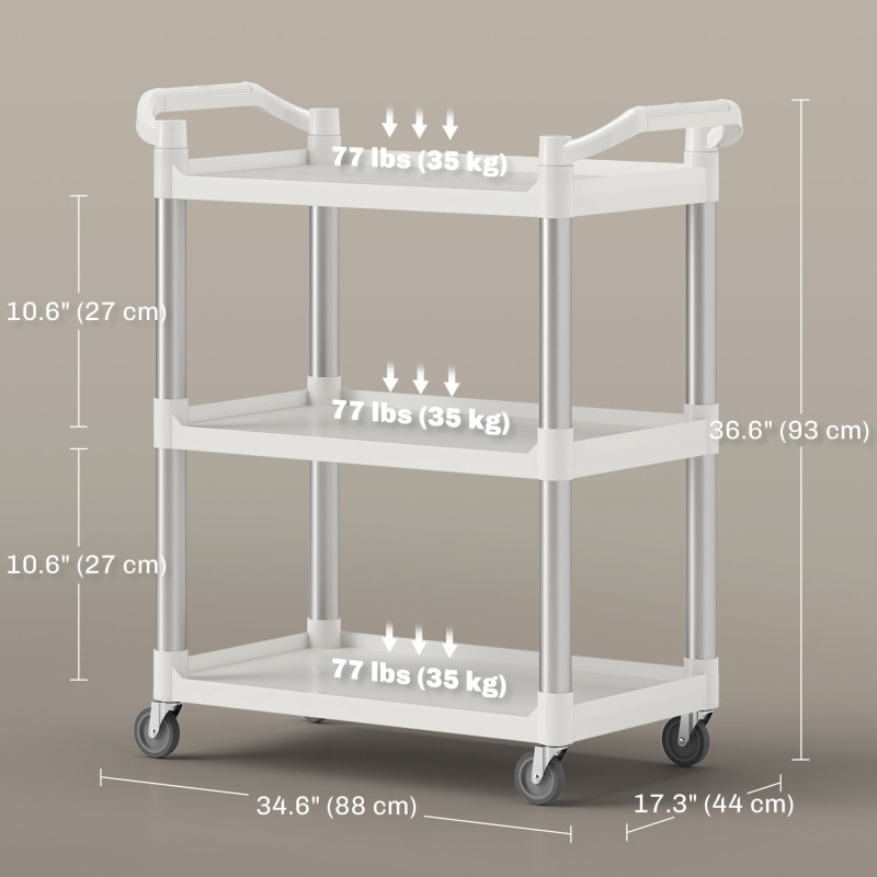 3-Tier Utility Cart Rolling Storage Trolley with 3 Shelves, Silver and White
