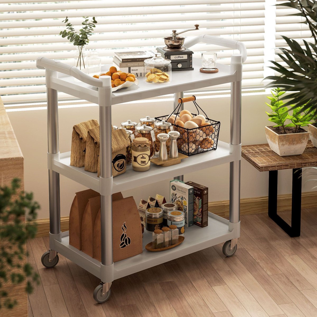3-Tier Utility Cart Rolling Storage Trolley with 3 Shelves, Silver and White