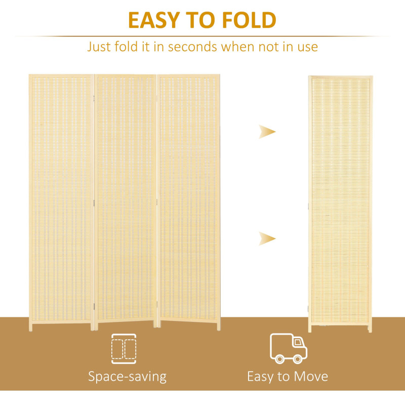 Woven Bamboo Room Divider, 3 Panel Folding Indoor Privacy Screens for Home Office, Natural Wood