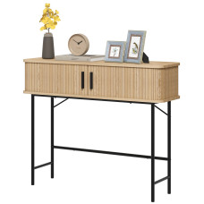 Mid-Century Narrow Console Table with Slatted Tambour Sliding Doors, Entryway Table with Steel Legs, Oak and Black