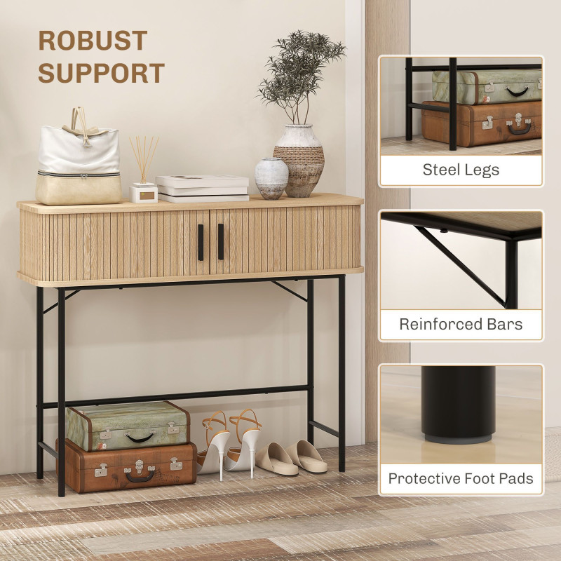 Mid-Century Narrow Console Table with Slatted Tambour Sliding Doors, Entryway Table with Steel Legs, Oak and Black