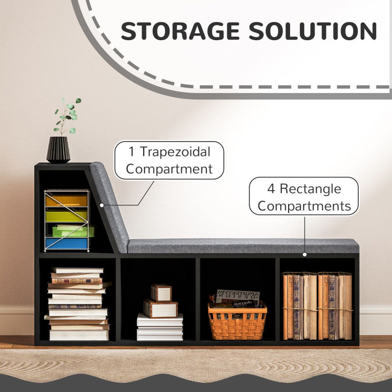 Multi-Purpose Bookshelf with 5 Cubes, 5-Cubby Bookcase with Cushioned Reading Nook and Storage Shelves, Distressed Black
