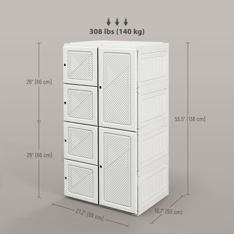 Portable Wardrobe, Foldable Clothes Storage Organzier with 8 Compartments, Magnet Doors, White