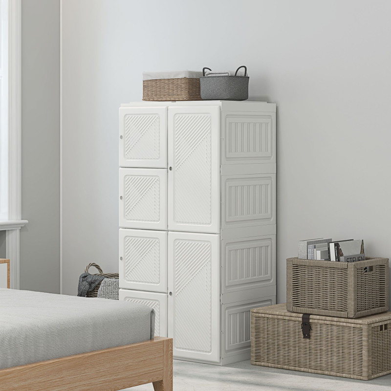 Portable Wardrobe, Foldable Clothes Storage Organzier with 8 Compartments, Magnet Doors, White