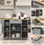 Modern Rolling Kitchen Island Cart with Drawers, Natural Wood Top, Towel Rack, Door Storage Cabinet, Grey