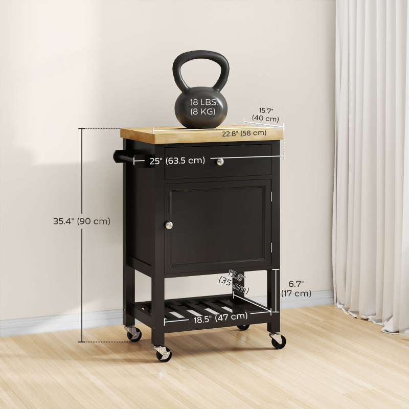 Kitchen Island on Wheels, Rolling Kitchen Cart with Wood Top, Towel Rack, Drawer and Shelf for Dining Area, Black