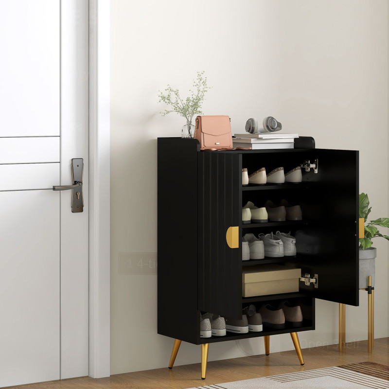 Entryway Shoe Storage Cabinet, Narrow Shoe Cabinet with Adjustable Shelves and Open Shelf for 15 Pairs of Shoes, Black