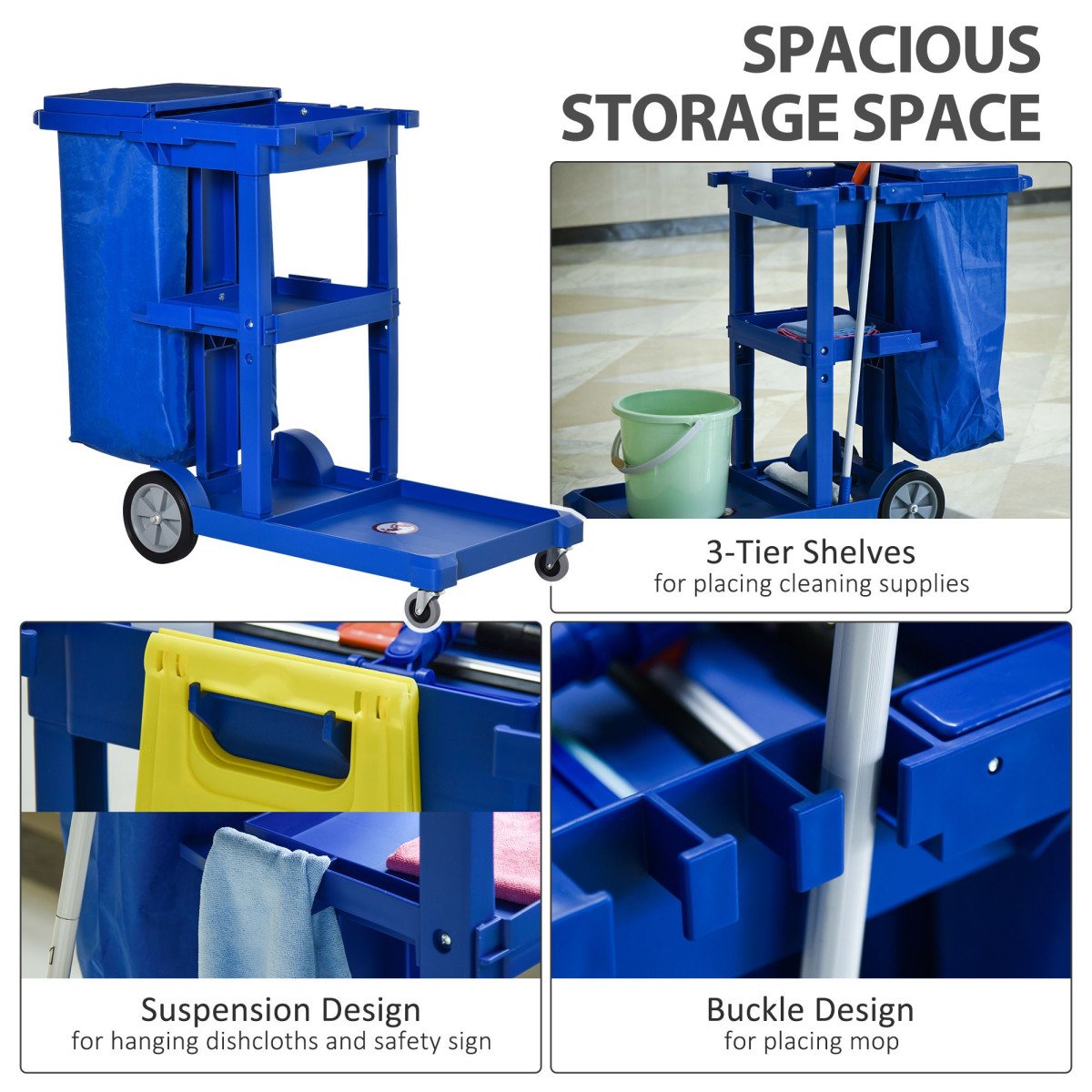 Commercial Janitorial Cart with 3 Tier Shelves, Professional Cleaning Cart with Rubbish Bag with Lid and Mop Mount for Hotel, Restaurant, Office, Blue