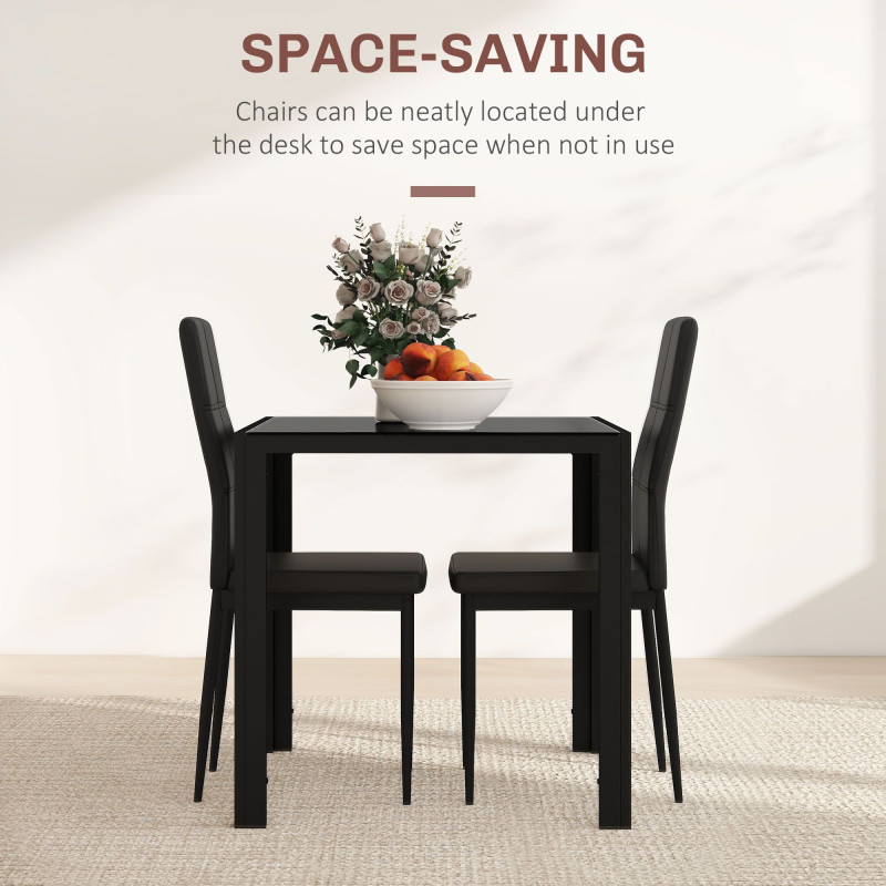 3-Piece Rectangular Glass Kitchen Table and Chairs with Metal Frame and Faux Leather Upholstery for Dining Room, Black