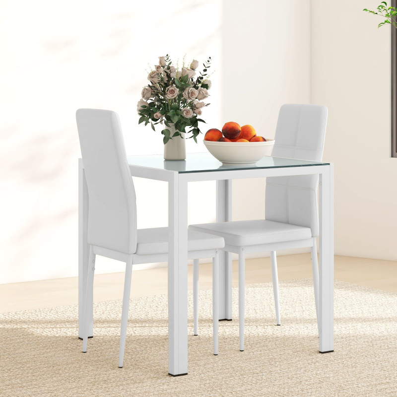 3-Piece Rectangular Glass Kitchen Table and Chairs with Metal Frame and Faux Leather Upholstery for Dining Room, White