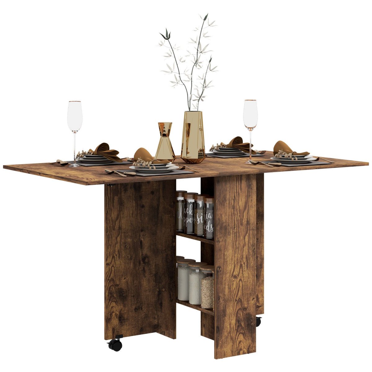 Extendable Dining Table, Collapsible Folding Table w/ 2-tier Shelves and Rolling Casters, Rustic Brown