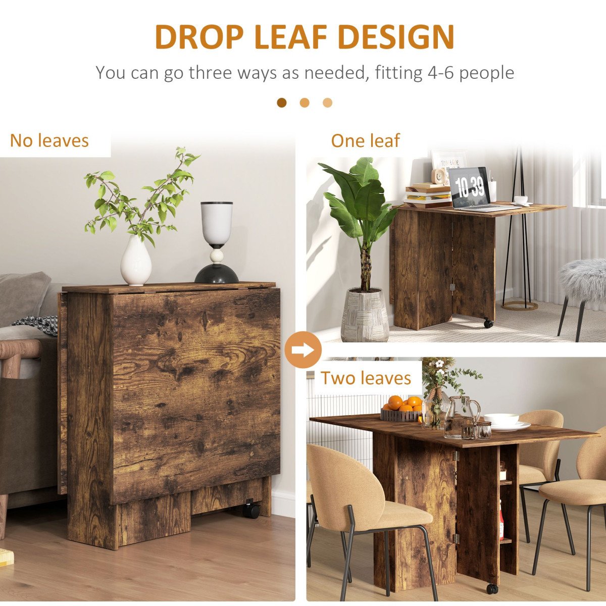 Extendable Dining Table, Collapsible Folding Table w/ 2-tier Shelves and Rolling Casters, Rustic Brown