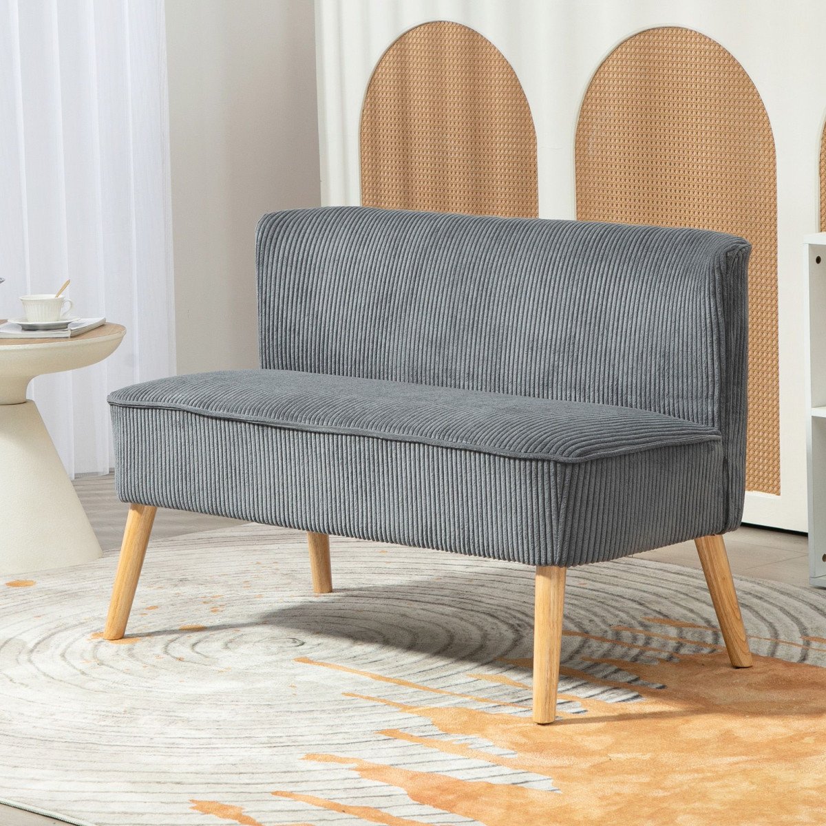 Modern 2 Seater Sofa, Upholstered Two Seater Couch with Rubber Wood Legs, Grey